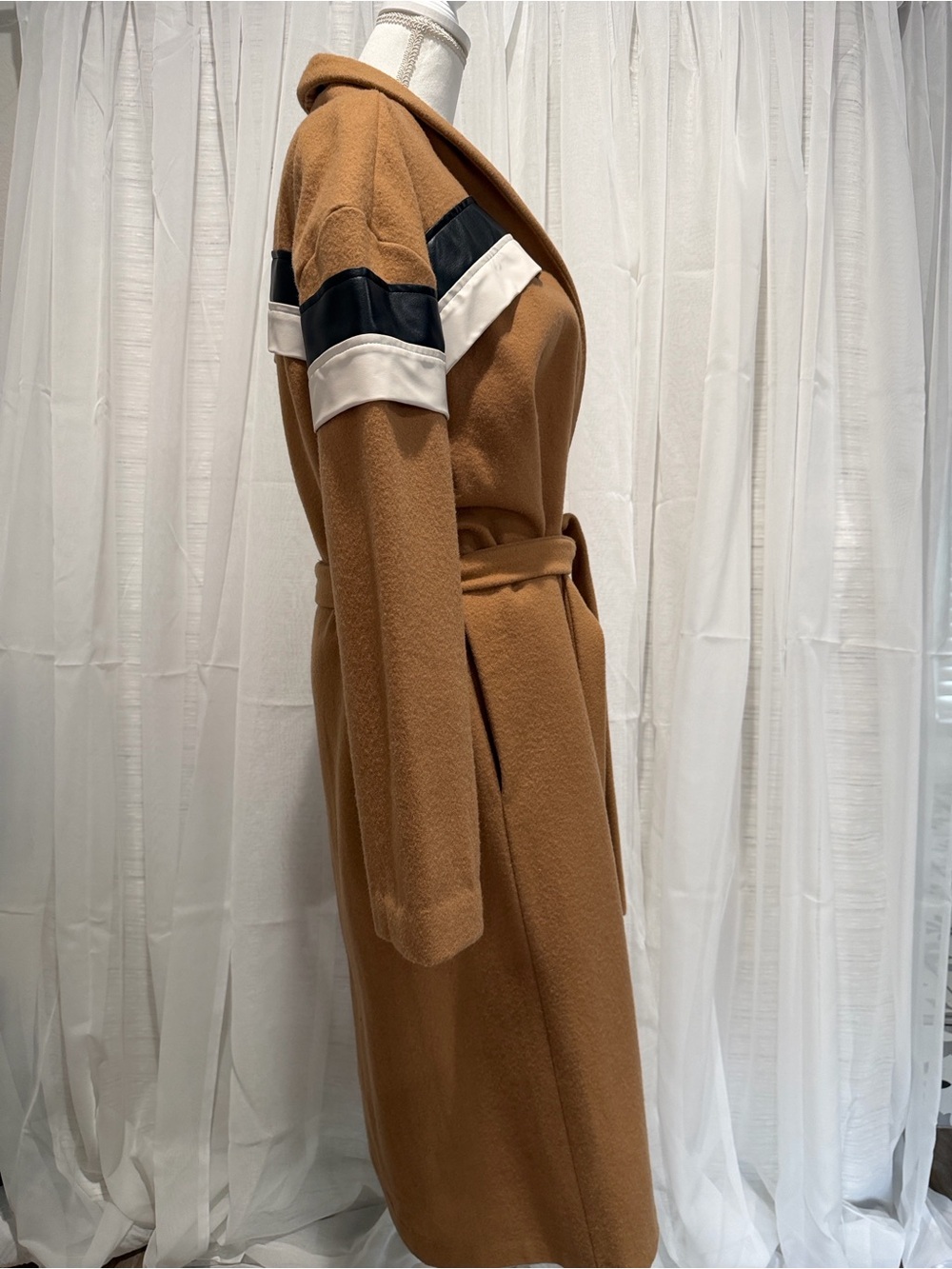 Womens Camel Belted Long Coat with Black & Cream Trim - Picture 3 of 7